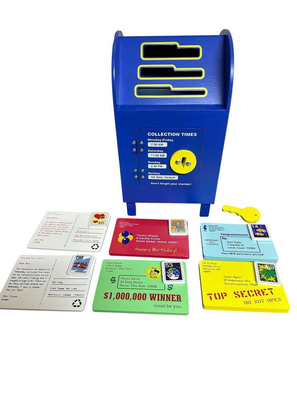 Melissa & Doug Wooden Mailbox- Complete Set w/ all letters, stamps & key. READ